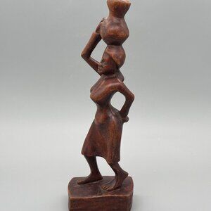 Vintage Hand Carved Wooden Woman Figurine Carrying Vessels on Head African